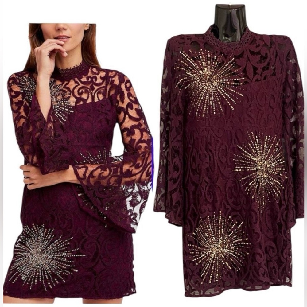 Free People Plum Lace Dress with Gold Accents